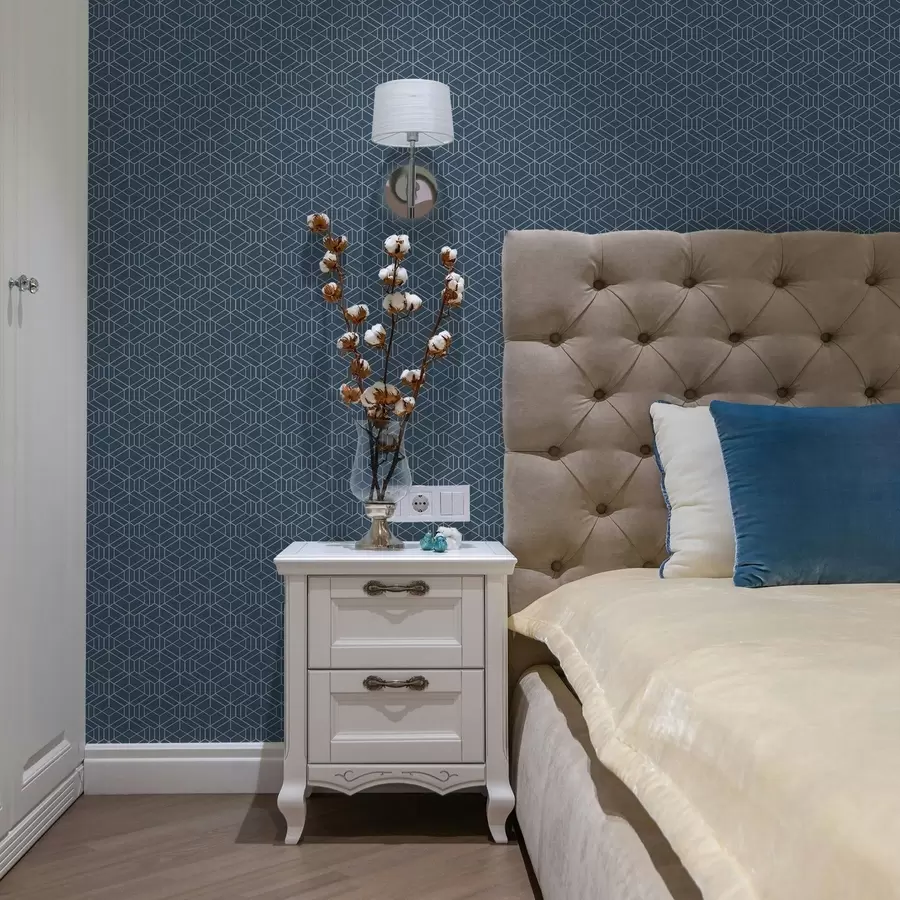 fototapeter Blå baggrund med hvide lineære kuber i et gitter a01067v1