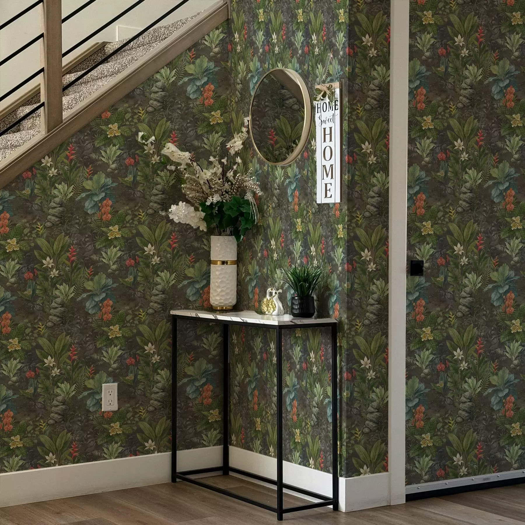 Murale Jardin tropical sombre avec des fleurs et un feuillage éclatants a01079