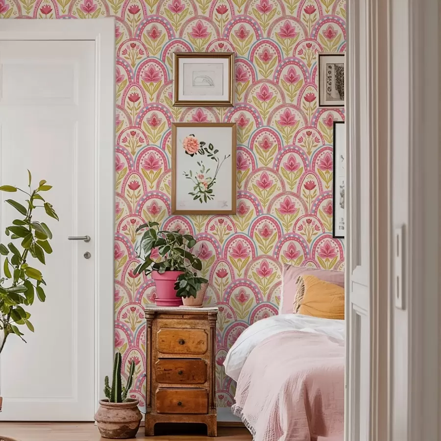 fototapeter Buer med lyserøde blomster i folkemusikstil a01080