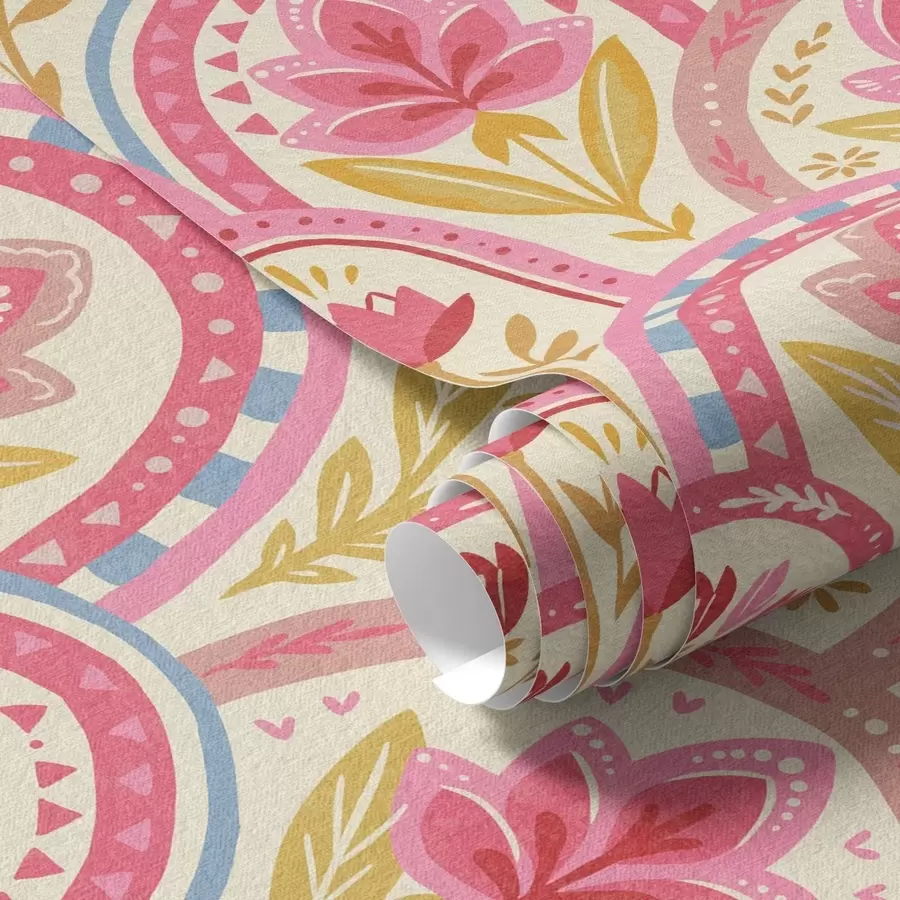 fototapeter Buer med lyserøde blomster i folkemusikstil a01080