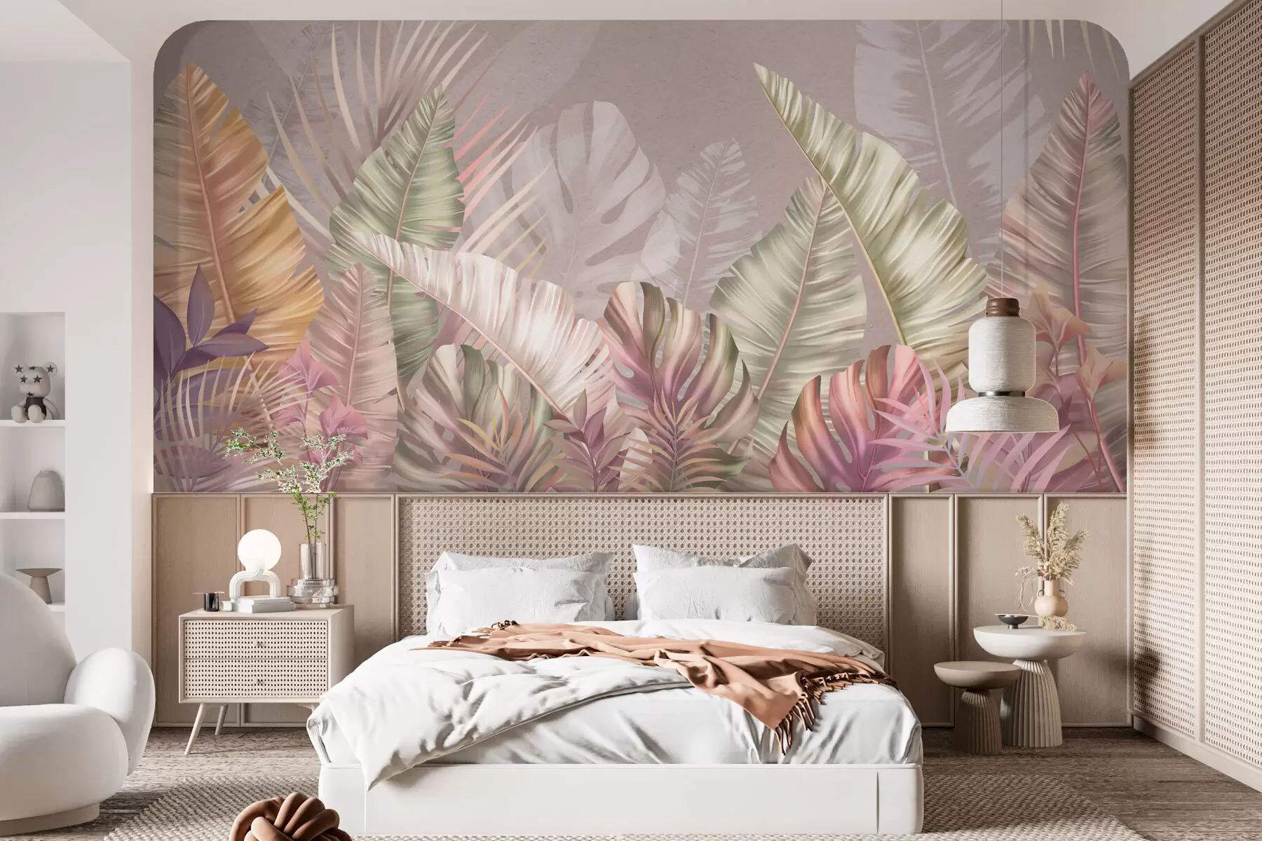 Murale Feuilles tropicales aux teintes pastel douces w01684