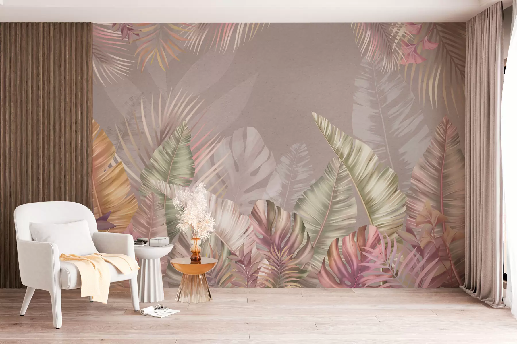 Murale Feuilles tropicales aux teintes pastel douces w01684