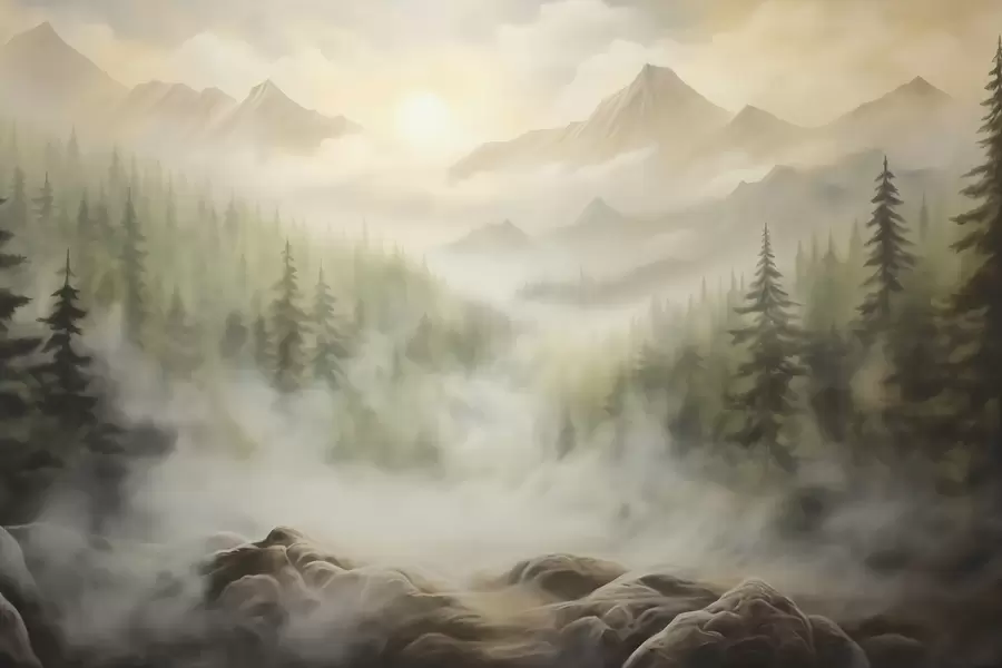 fototapeter Skov i tågen med bjergene i baggrunden w04730