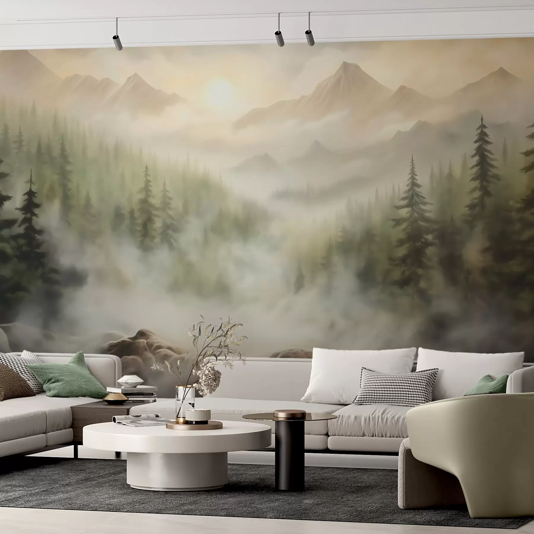 fototapeter Skov i tågen med bjergene i baggrunden w04730