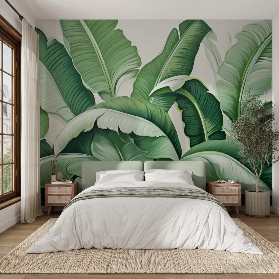 Murale Feuilles de bananier tropicales vertes avec effet 3D w09559