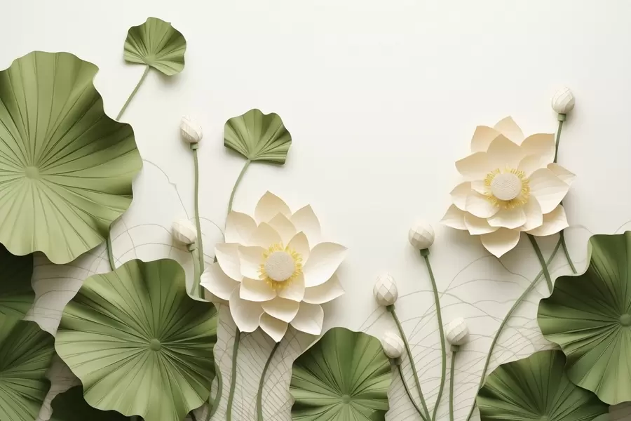 Murale Fleurs de lotus en 3D avec feuilles vertes texturées, style minimaliste w09560