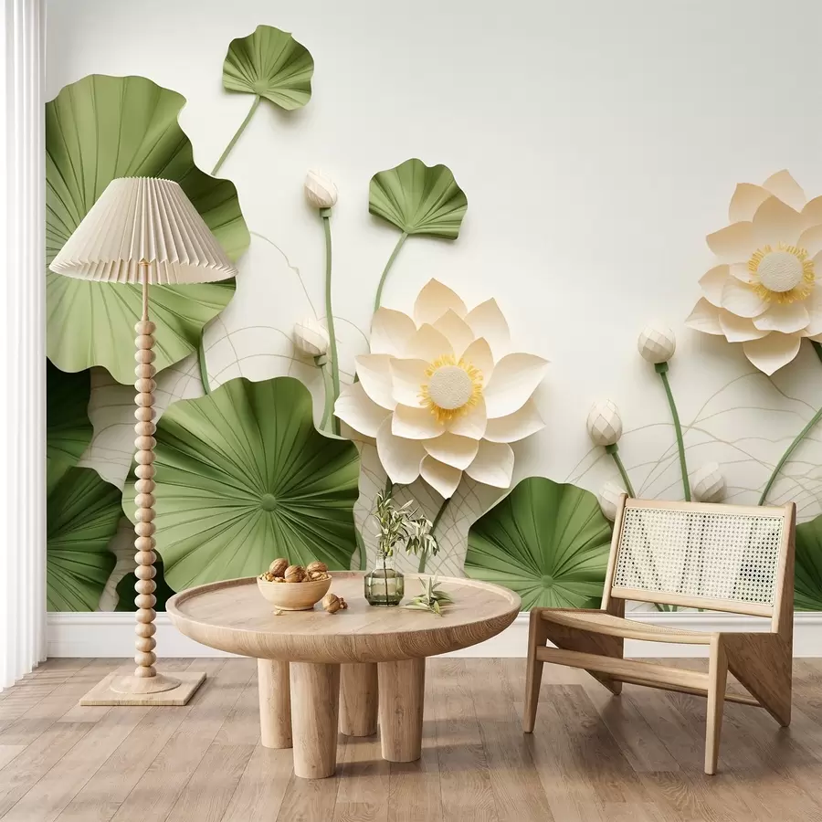 Murale Fleurs de lotus en 3D avec feuilles vertes texturées, style minimaliste w09560