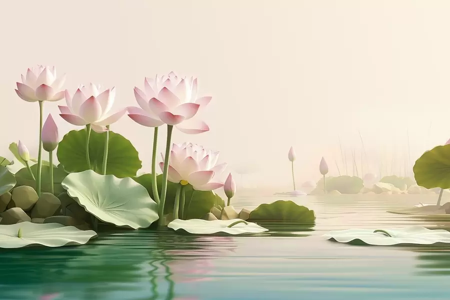 Murale Fleurs de lotus roses sur l'eau, un paysage tropical paisible w09561