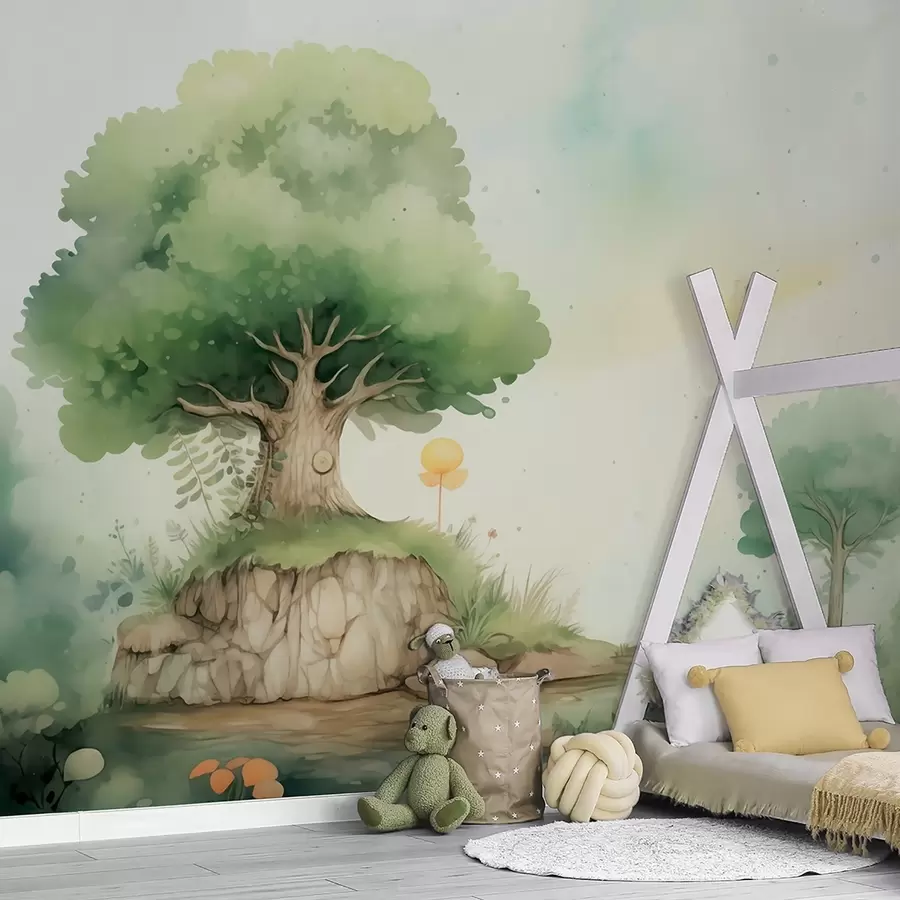 Murale Un monde féérique d'enfance dans un paysage forestier verdoyant, style aquarelle w09566