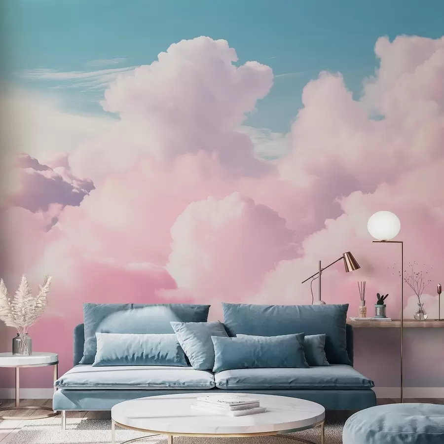 Murale Des nuages roses doux et aériens dans un ciel bleu w09569
