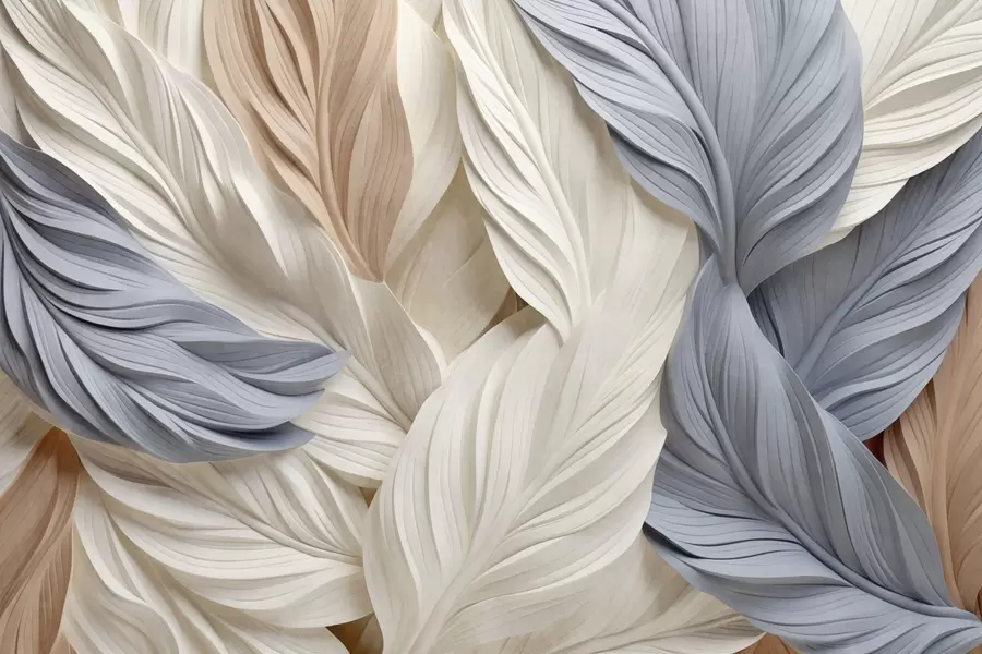 Fototapete Abstrakte, geschichtete Federn in Creme-, Beige- und Hellblau-Tönen mit strukturiertem, organischem Erscheinungsbild w09603