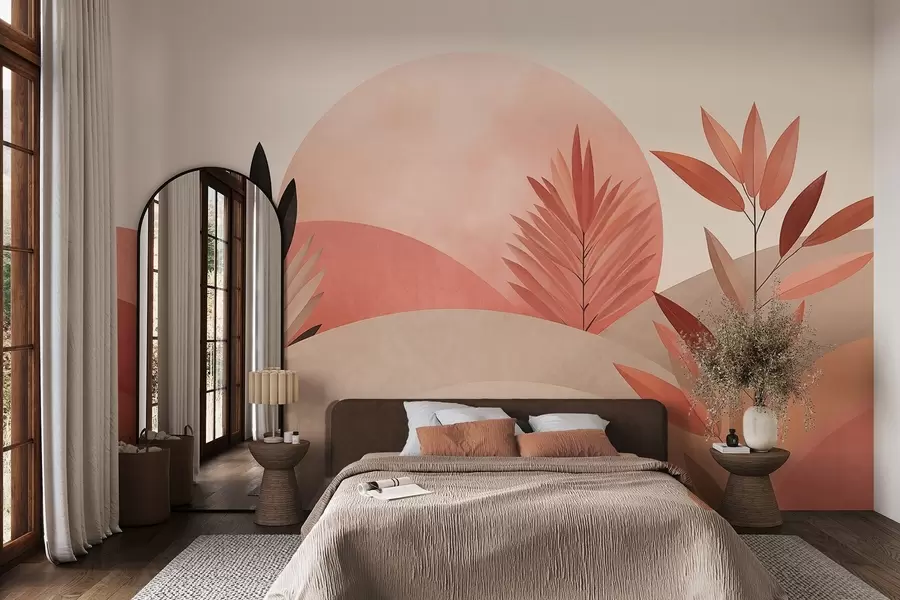 Fototapete Abstrakte Boho-Landschaft, Sonne hinter sanften Hügeln, Pflanzen im Vordergrund, minimalistisch, strukturiert, gedeckte Farben w09608