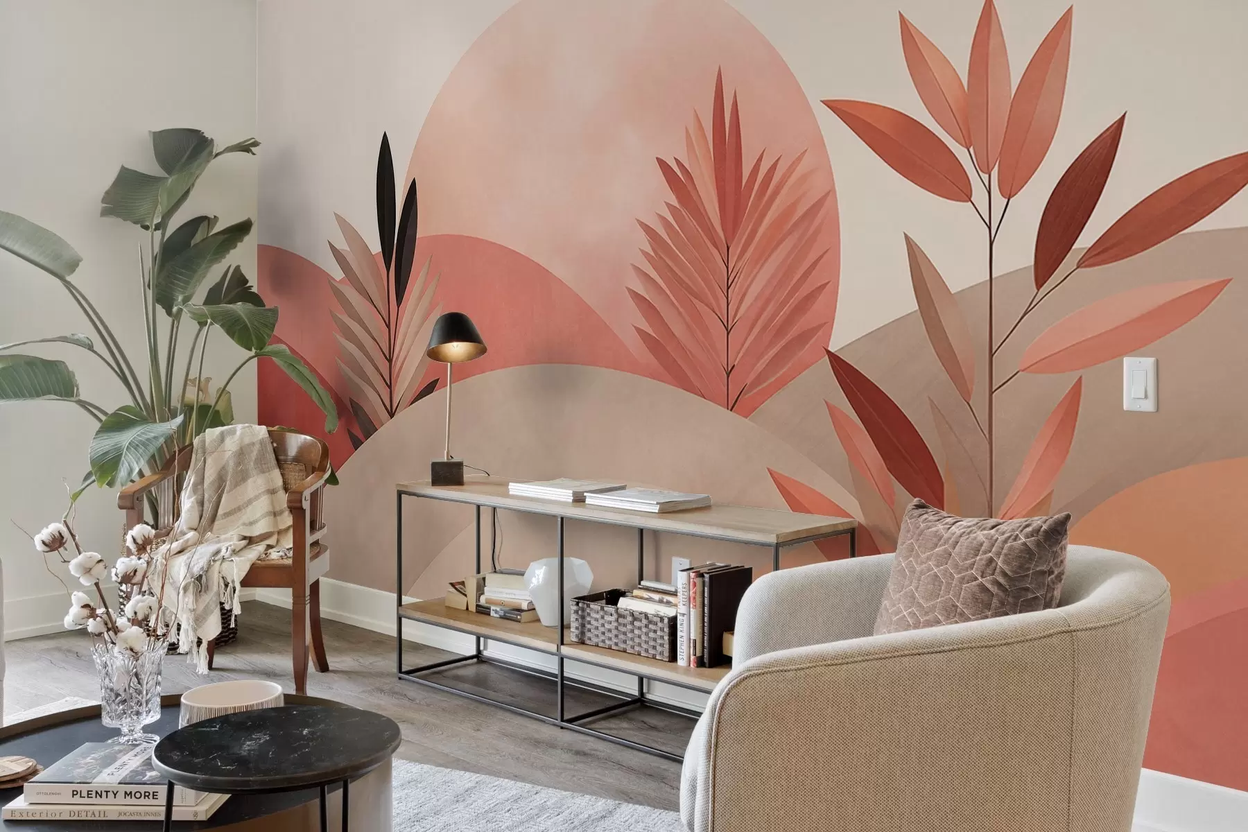 Fototapete Abstrakte Boho-Landschaft, Sonne hinter sanften Hügeln, Pflanzen im Vordergrund, minimalistisch, strukturiert, gedeckte Farben w09608