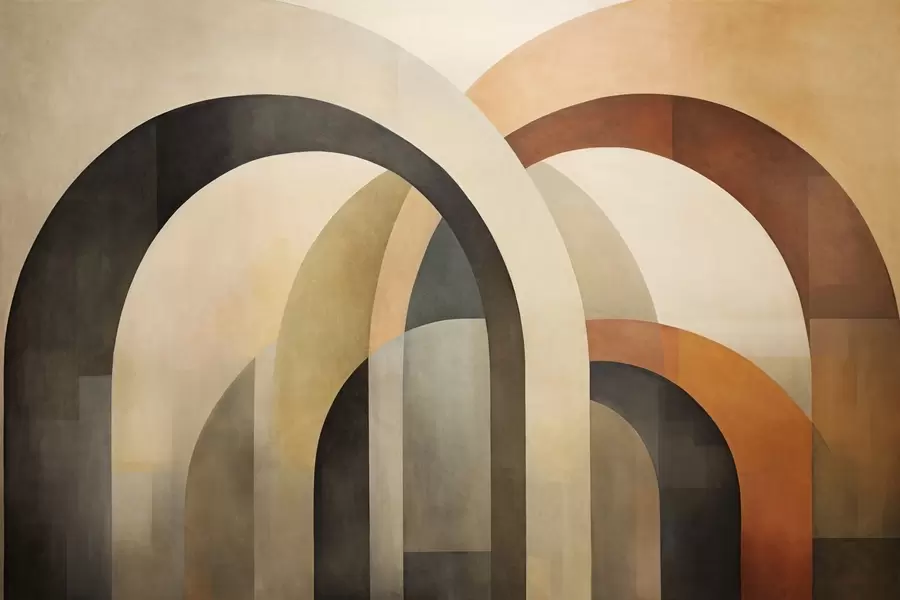 Murale Arcs géométriques abstraits texturés dans des tons terreux de beige, marron et gris, un design architectural moderne en couches. w09611