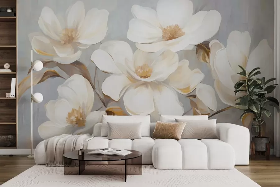 Fototapete Eine strukturierte Malerei-Imitation mehrerer weißer Magnolienblüten vor einem gedämpften Pastellhintergrund w09612