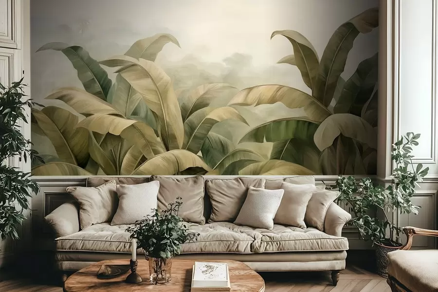 Fototapete Strukturierte, dichte Dschungellandschaft mit großen Bananenblättern in gedeckten Grün- und Beigetönen w09613