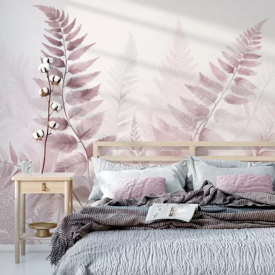 Fototapete Strukturierte getrocknete Farnwedel in verschiedenen Rosatönen, mit einem weichen, hellen Hintergrund im Aquarellstil w09615v2