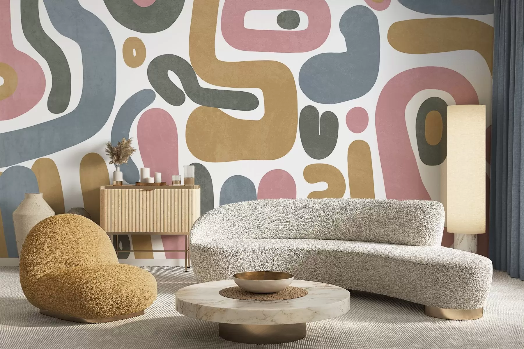 Fototapete Abstrakte, strukturierte Formen in Pastellrosa, gedecktem Blau, Senfgelb und Grau auf weißem Hintergrund – moderne Kunst w09620