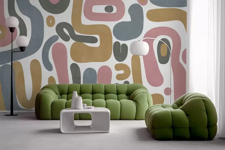 Murale Formes abstraites texturées dans des tons rose pastel, bleu pâle, jaune moutarde et gris sur fond blanc, art moderne. w09620