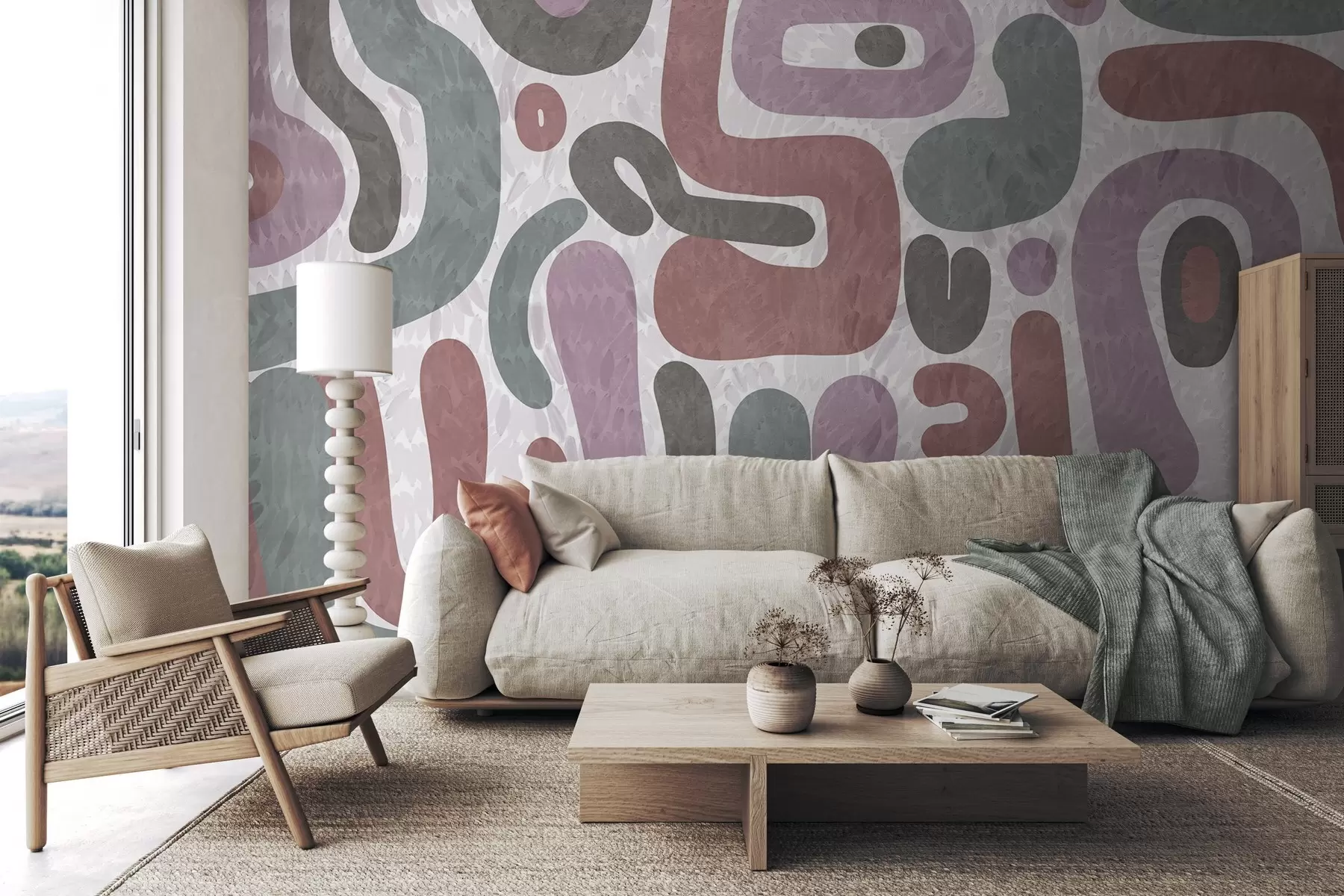 Murale Formes abstraites texturées dans des tons roses, verts et gris discrets, sur un fond texturé d'art moderne w09622