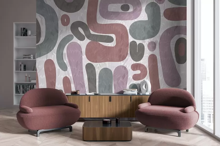 Murale Formes abstraites texturées dans des tons roses, verts et gris discrets, sur un fond texturé d'art moderne w09622