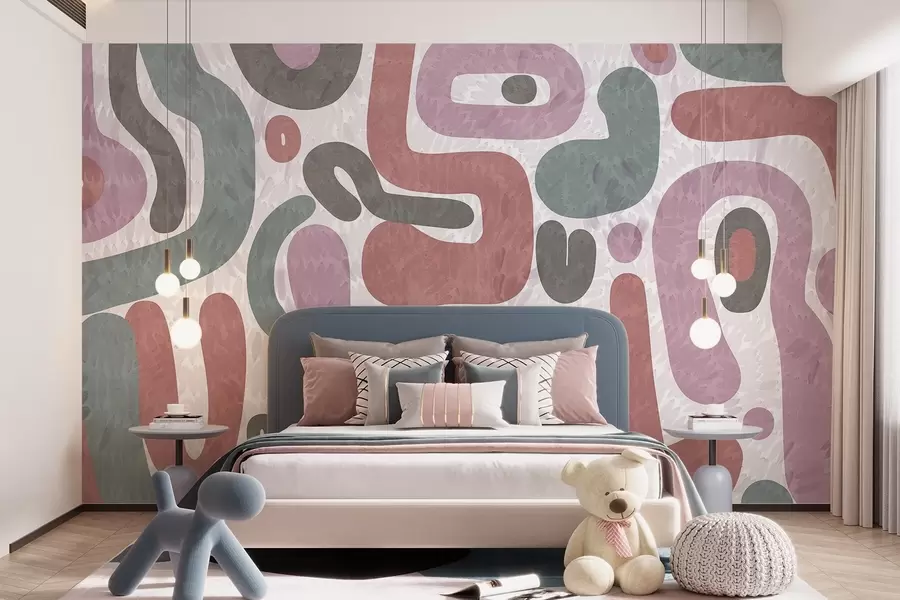 Fototapete Abstrakte, strukturierte Formen in gedeckten Rosa-, Grün- und Grautönen auf strukturiertem Hintergrund – moderne Kunst w09622