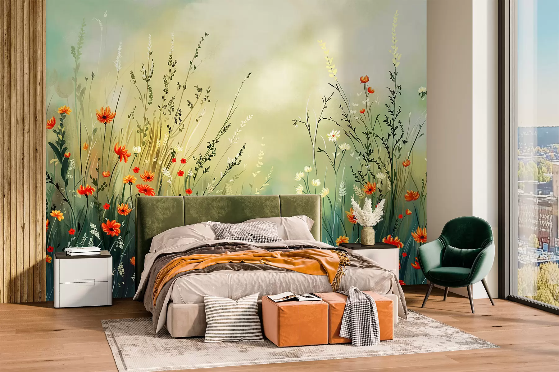 Murale Fleurs des champs et herbes dans un style pictural doux w05015
