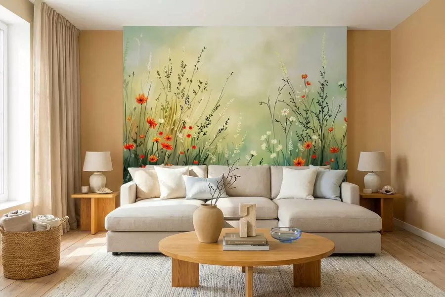 Fototapete Wiesenblumen und Gräser in sanftem, malerischem Stil w05015