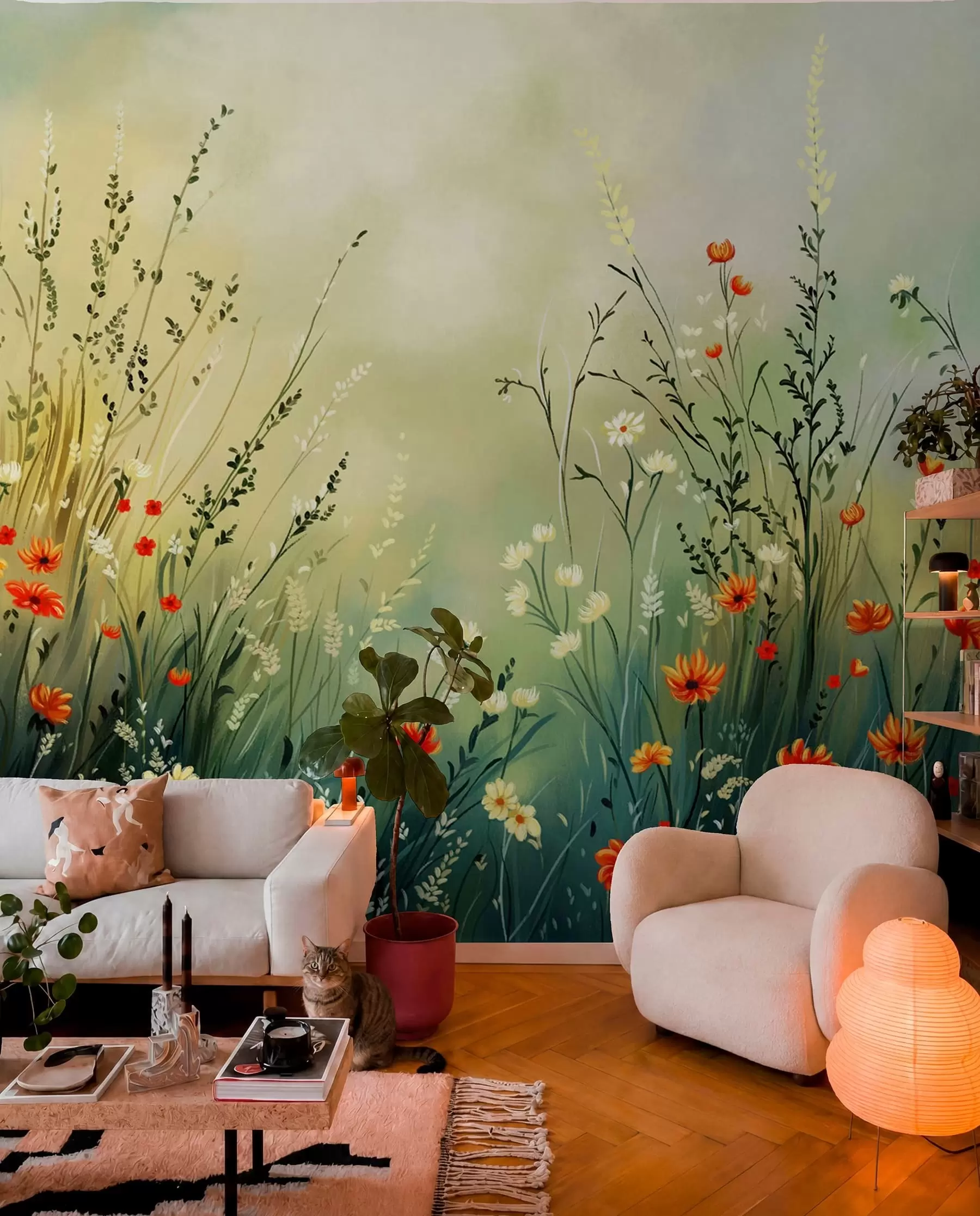 Murale Fleurs des champs et herbes dans un style pictural doux w05015