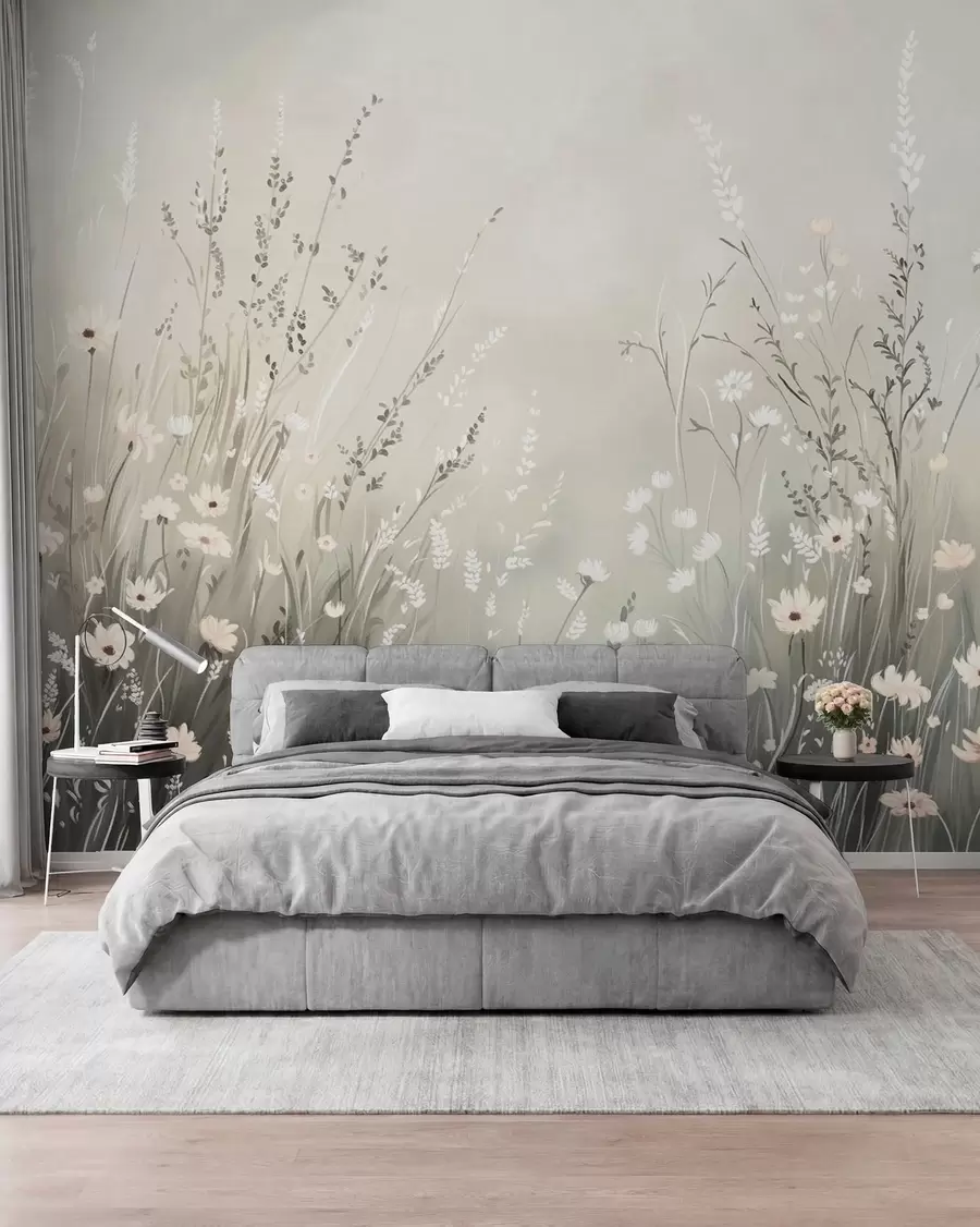 fototapeter Blid engscene med hvide blomster og fine græsser w05015v1