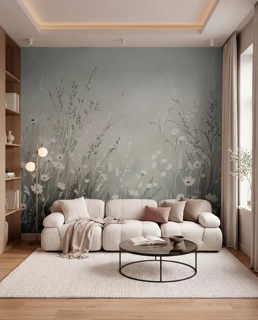 Murale Scène champêtre douce avec des fleurs blanches et des herbes délicates w05015v1