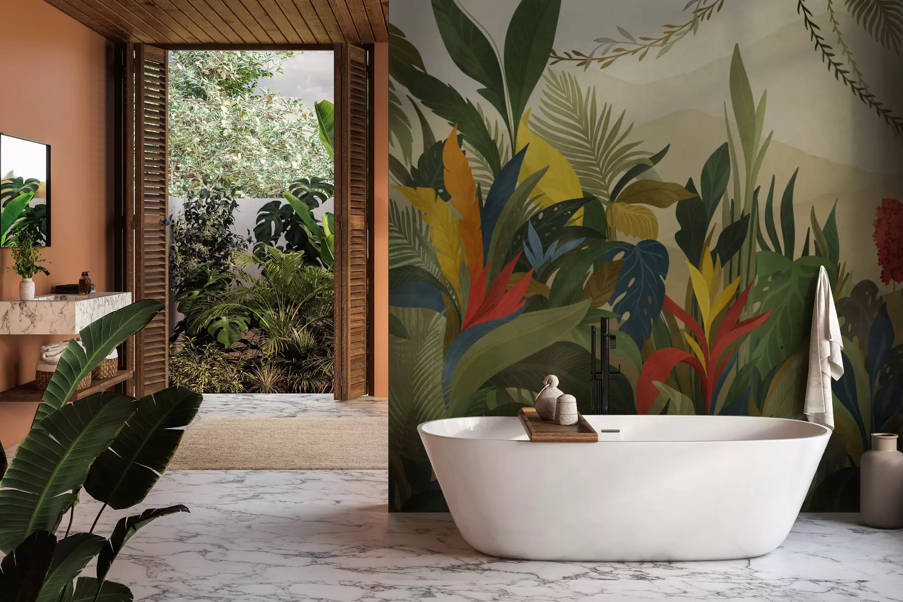 fototapeter Tropisk løv med store blade og blomster w05019