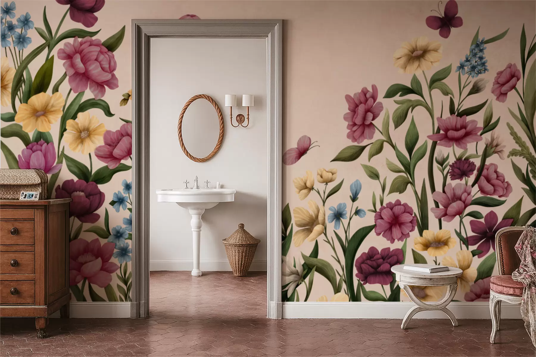 fototapeter Blomsterkomposition med planter og sommerfugle på lys baggrund w05072