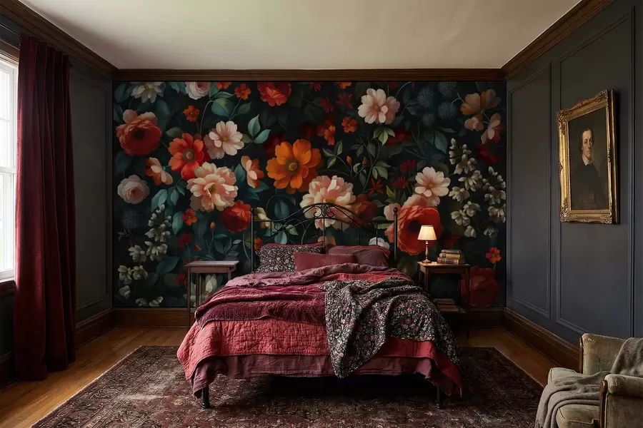 Murale Motif floral sombre avec des fleurs luxuriantes de jardin w05087