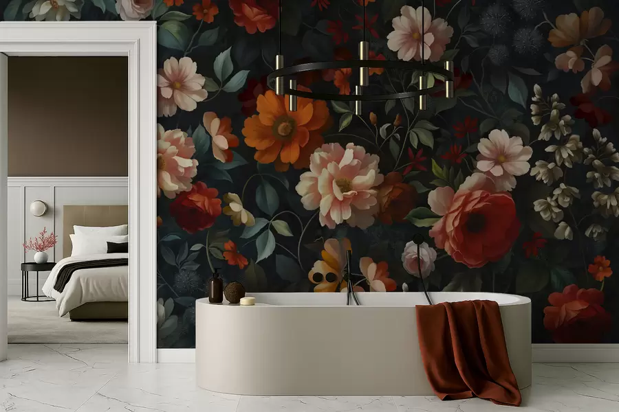 Fototapete Dunkles Blumenmuster mit üppigen Gartenblumen w05087