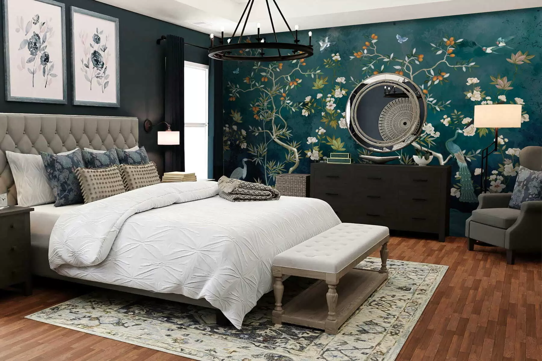 Fototapete Dekorative Szene mit Bäumen, Blumen und Vögeln auf dunklem Hintergrund w05004