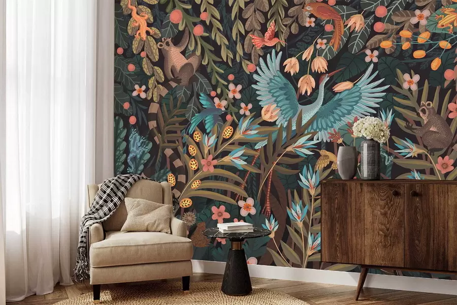 fototapeter Fantasy-scene med fugle og dyr blandt planter w05024