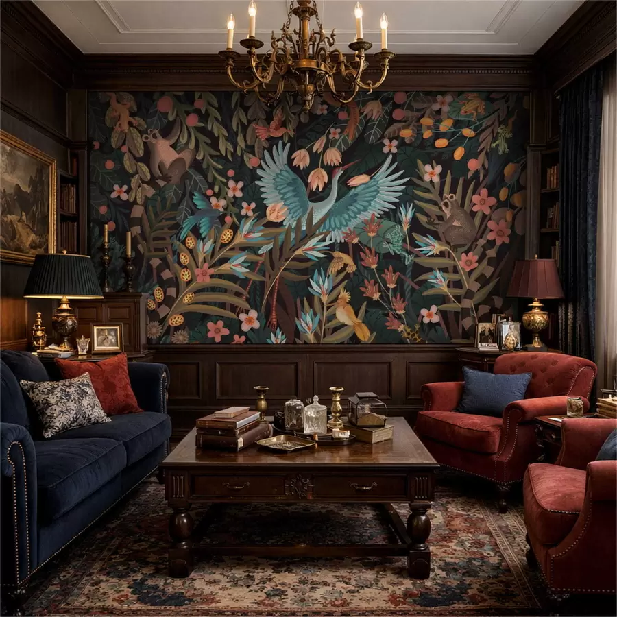 Fototapete Fantasievolle Szene mit Vögeln und Tieren inmitten von Pflanzen w05024