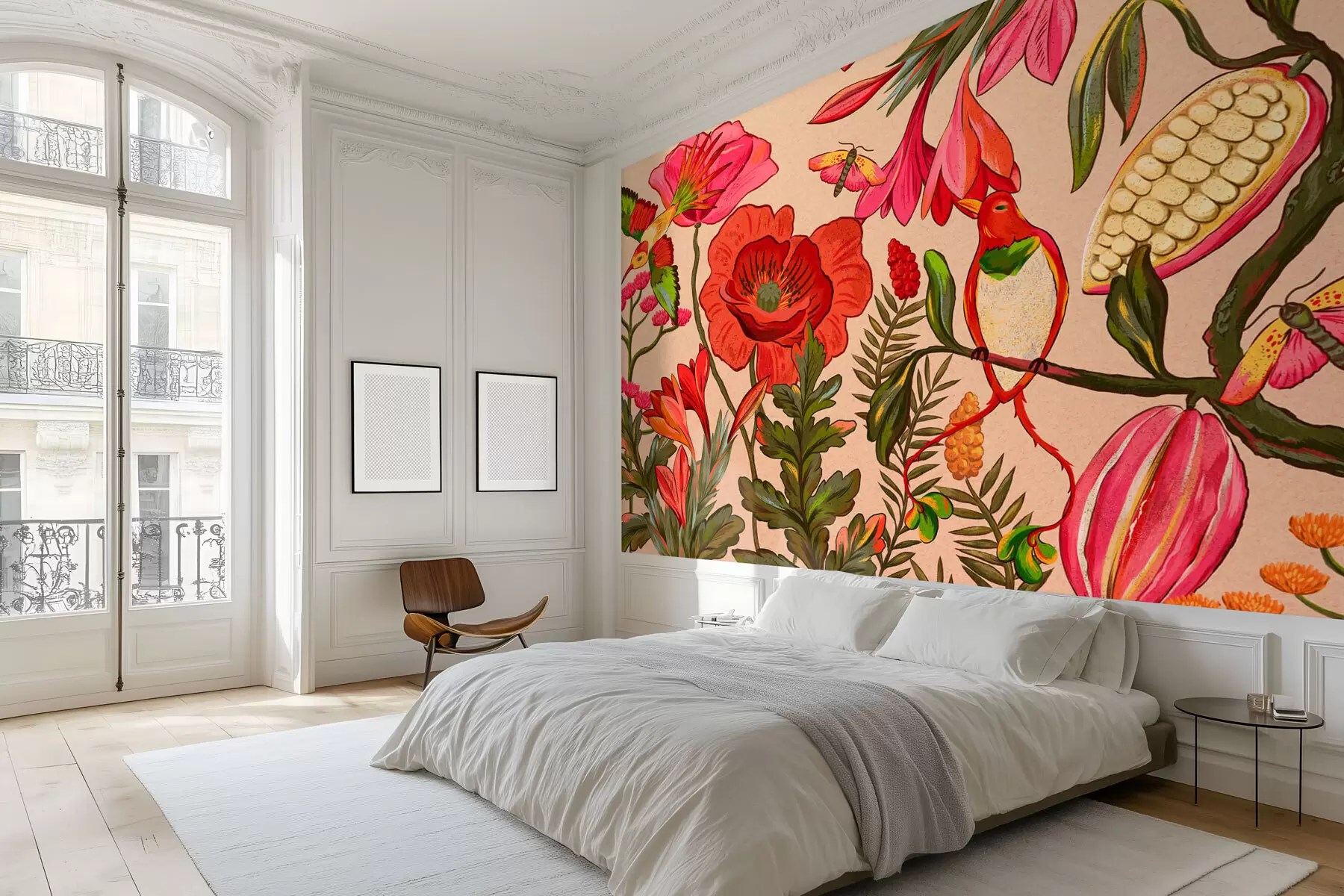 fototapeter Dekorative blomster og fugle på beige baggrund w05036