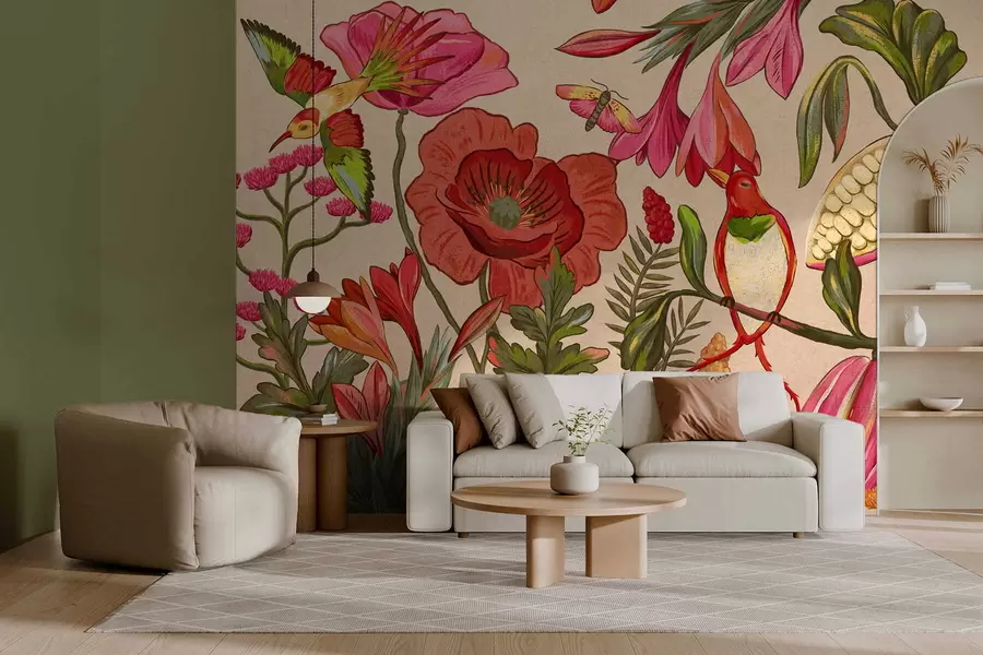 Murale Fleurs et oiseaux décoratifs sur fond bleu w05036