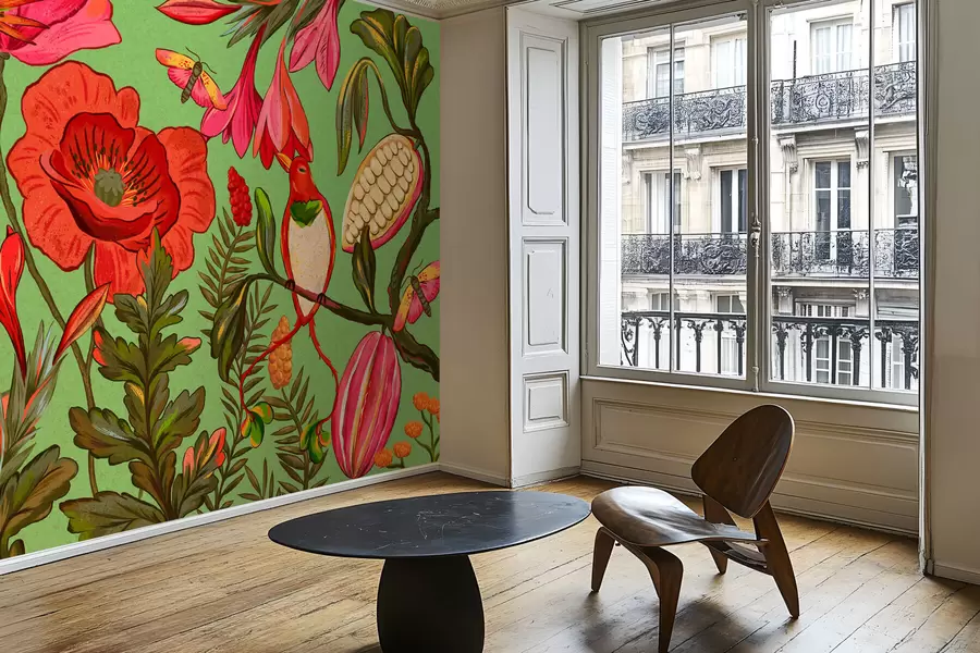 fototapeter Dekorative blomster og fugle på grøn baggrund w05036v1