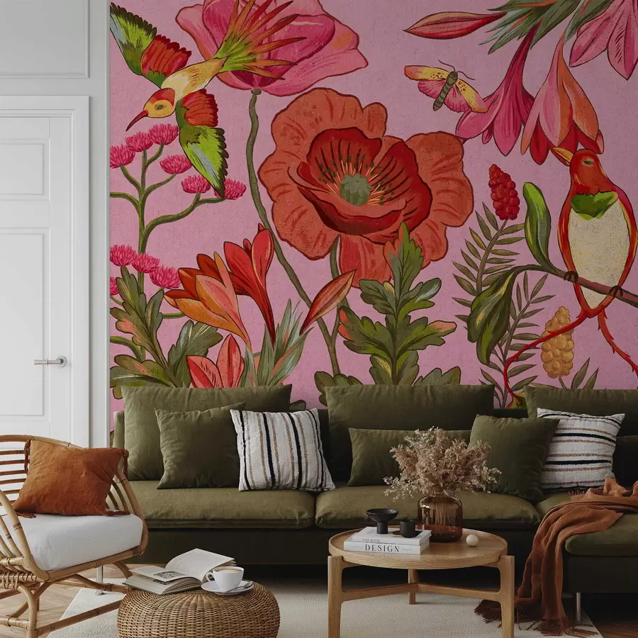 fototapeter Dekorative blomster og fugle på lyserød baggrund w05036v2