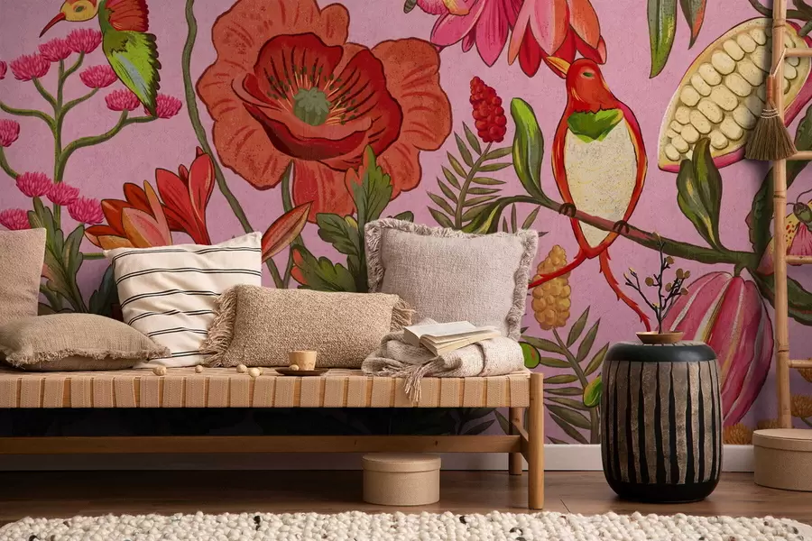 Fototapete Dekorative Blumen und Vögel auf rosa Hintergrund w05036v2