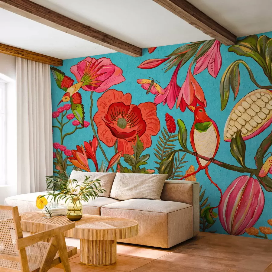 Murale Fleurs et oiseaux décoratifs sur fond bleu w05036v3