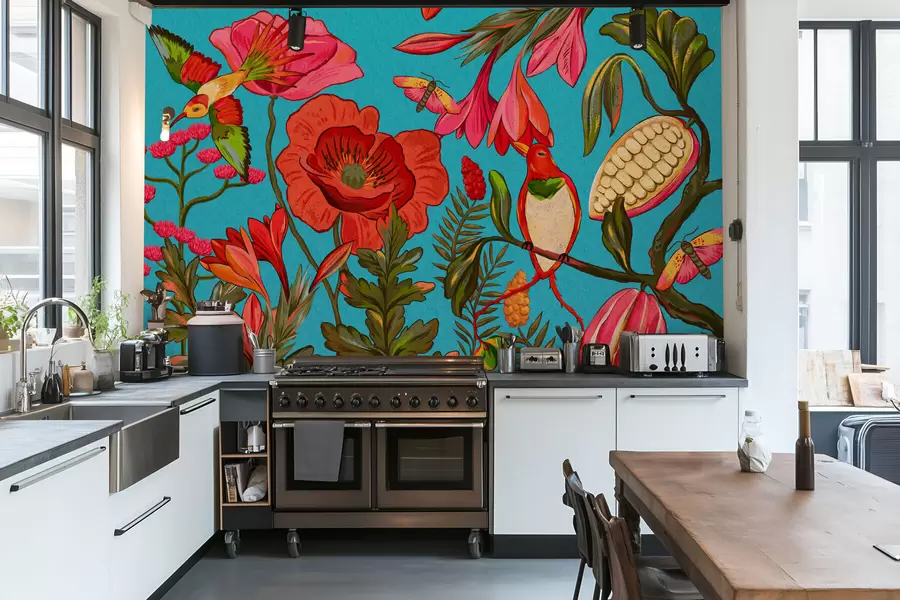 fototapeter Dekorative blomster og fugle på blå baggrund w05036v3