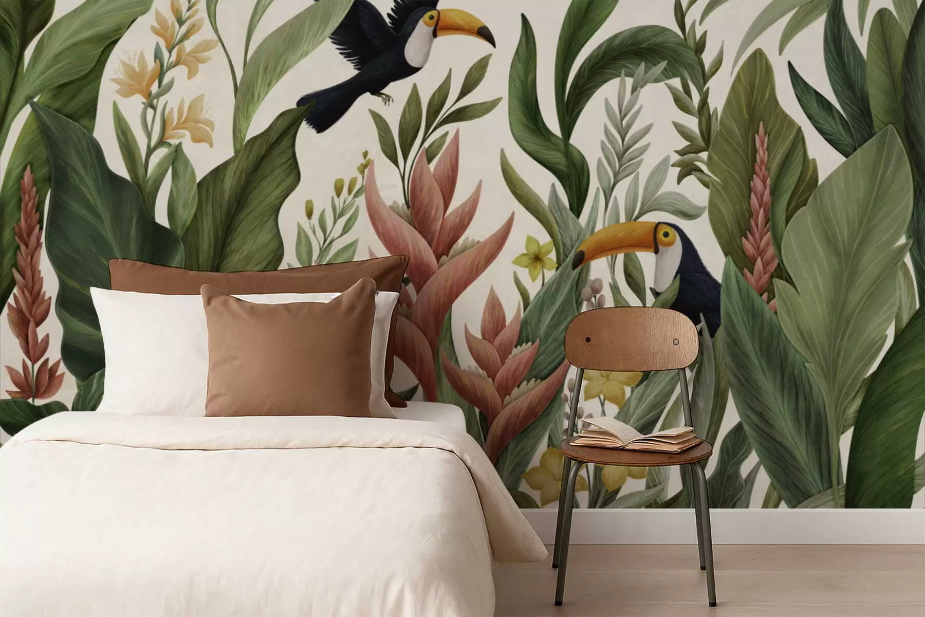 Murale Plantes tropicales et oiseaux à long bec sur fond clair w05088v1