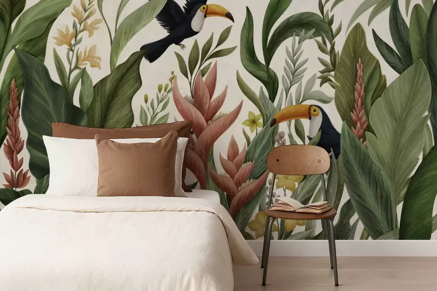 Fototapete Tropische Pflanzen und Vögel mit großen Schnäbeln vor hellem Hintergrund w05088v1