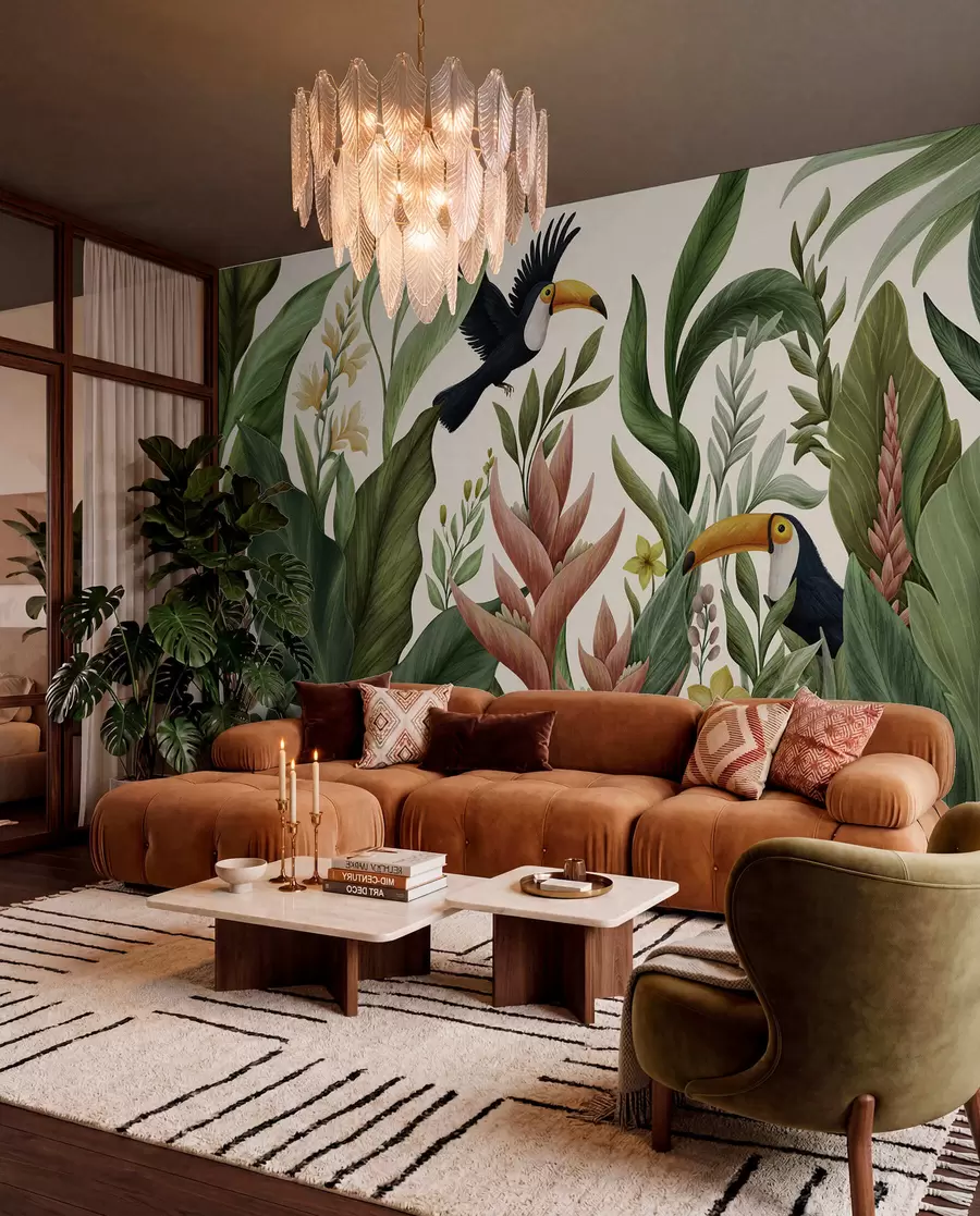 Murale Plantes tropicales et oiseaux à long bec sur fond clair w05088v1