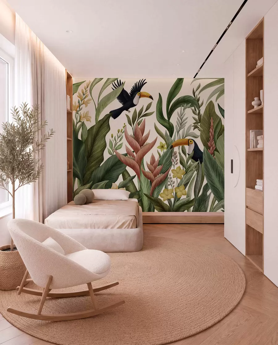 Murale Plantes tropicales et oiseaux à long bec sur fond clair w05088v1