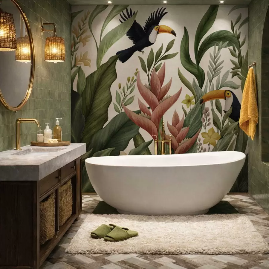 Fototapete Tropisches Laub und Vögel mit großen Schnäbeln vor dunklem Hintergrund w05088v1